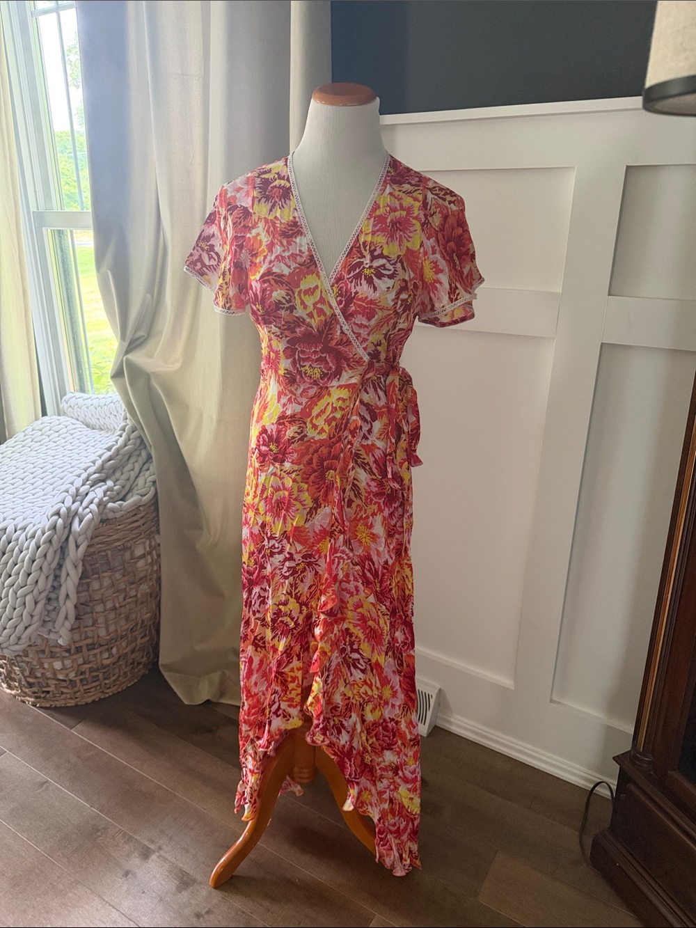 Poupette St. Barth Red and Yellow Floral Wrap Hi-Low Dress